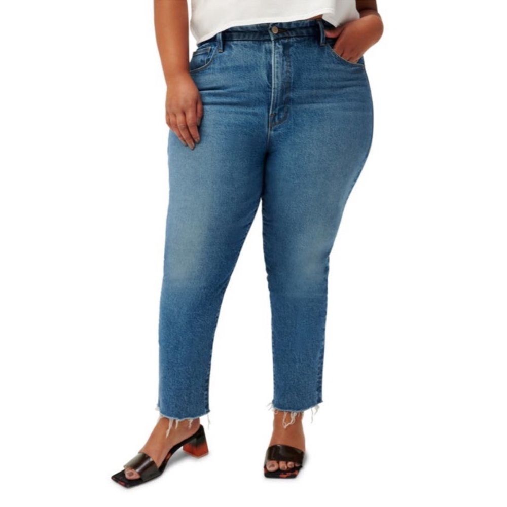 Good American Straight Leg Raw Hem Good Classic Light Blue Jeans